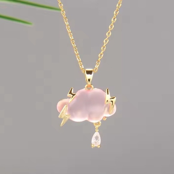 18K Gold Pink Opalescent Cloud Lightning Bolts Diamond Rain Drop Necklace - Picture 3 of 7